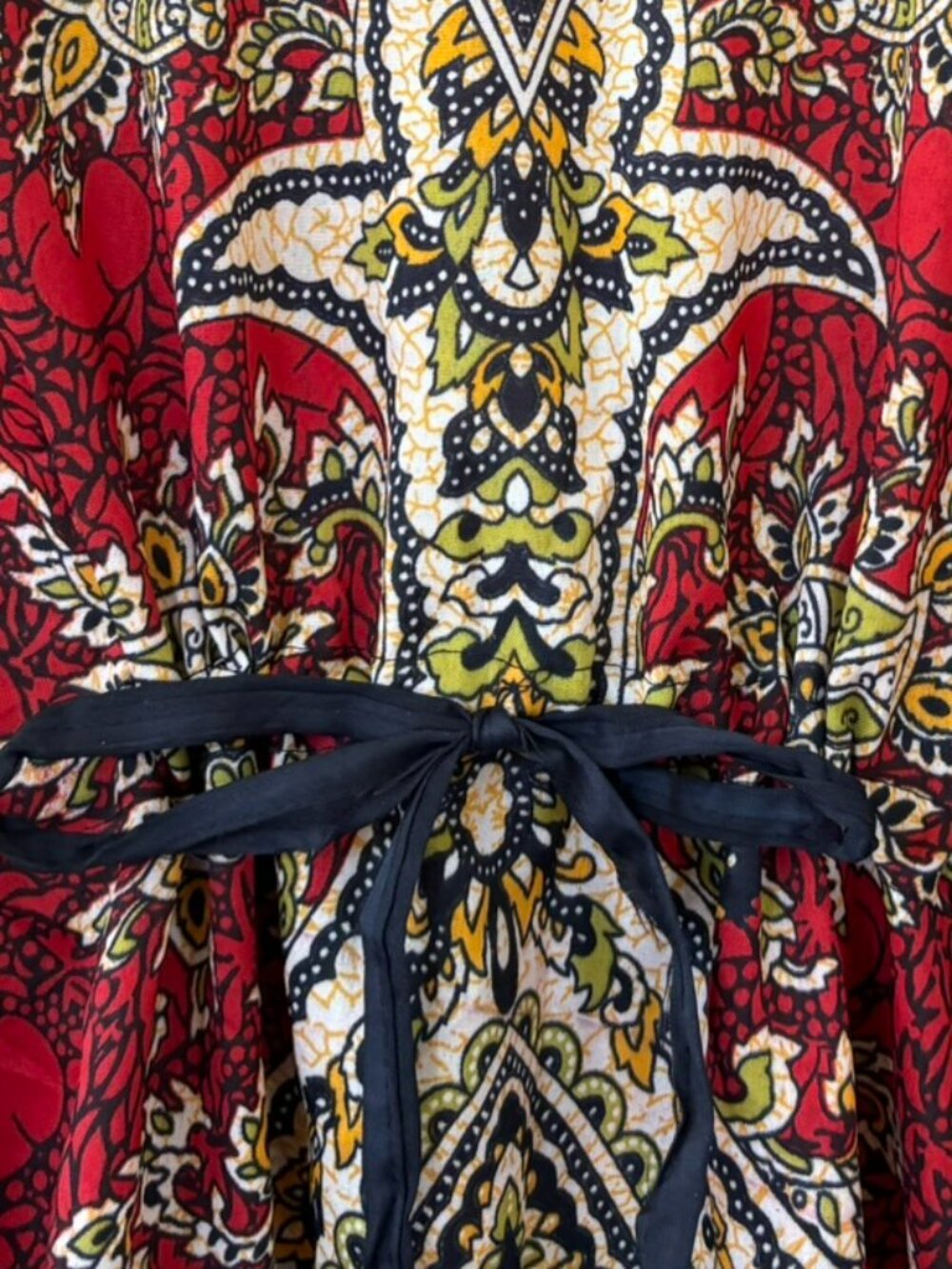 Women’s Long Colorful Red Multi-colored Print Tie Waist Kaftan One Size - Picture 5 of 7